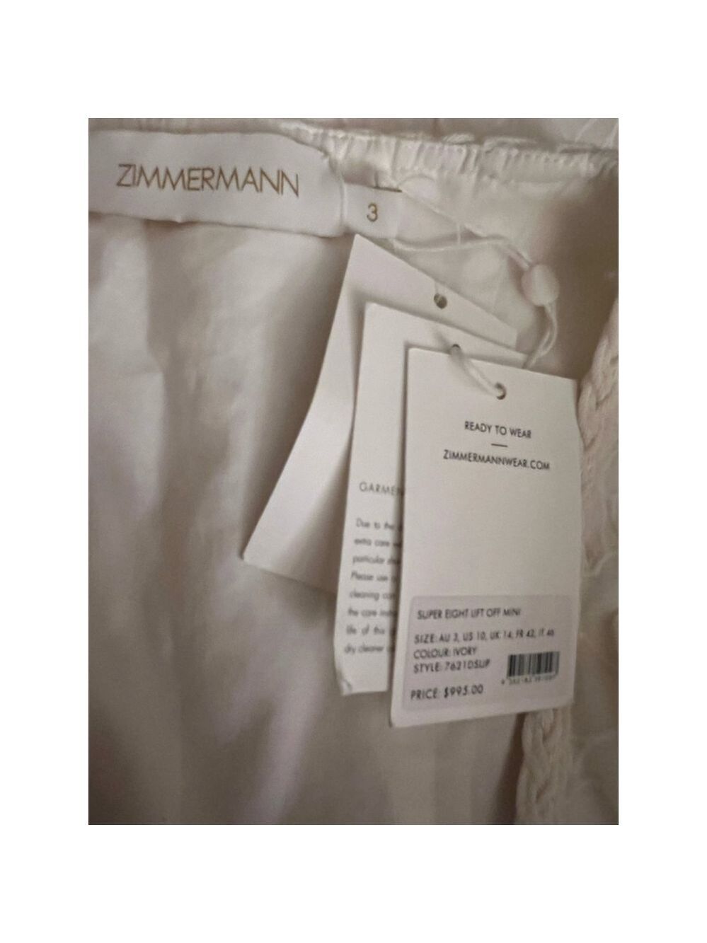 NWT Zimmermann Ivory Lace Mini Dress with Black Stripe Belt Size 3= US 8/10 - Picture 6 of 6